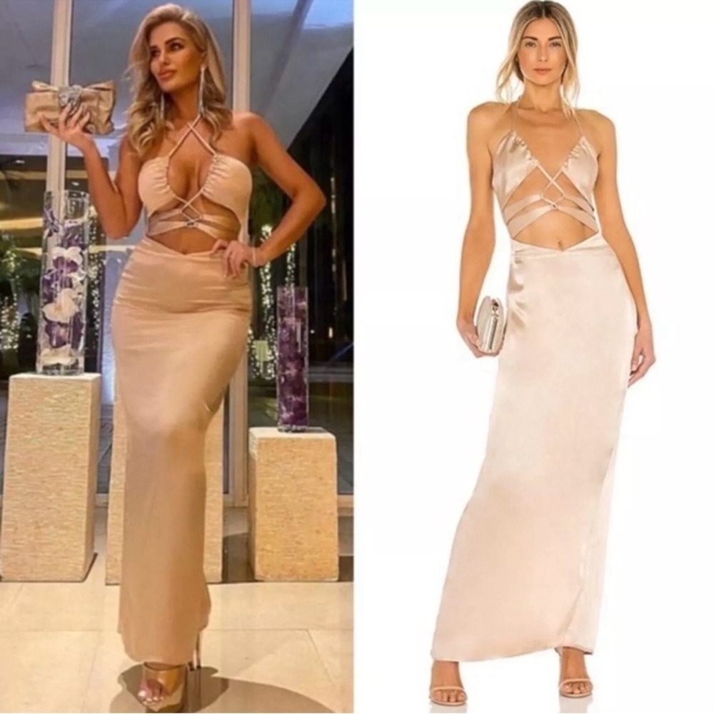 Michael Costello Josie Cut Out Gown in Nude Satin Halter Maxi Dress